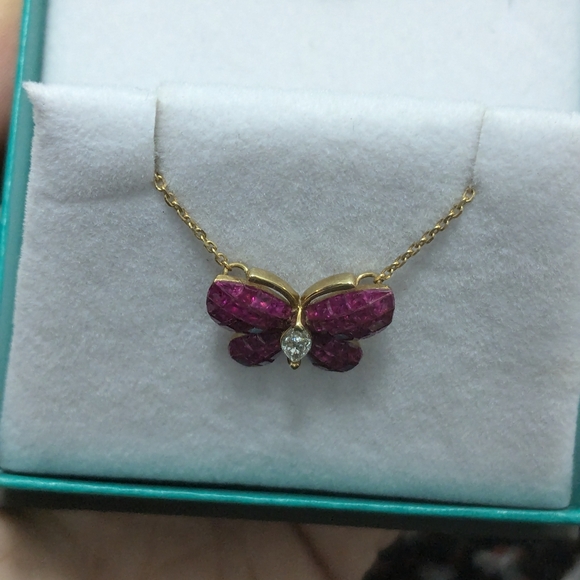 750/18K YG Invisible set Rubies and Diamond Butterfly Necklace - Picture 9 of 16